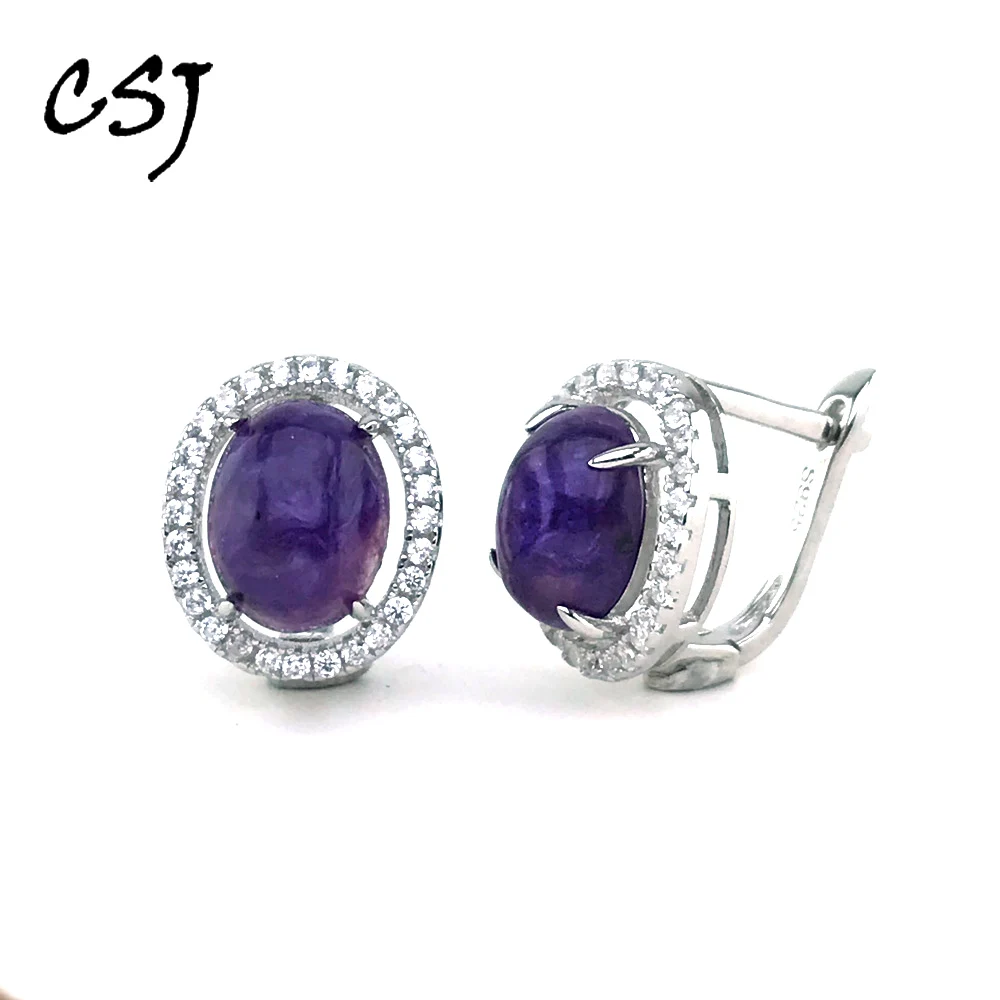 

CSJ Elegant Natural Charoite Earring Sterling 925 Silver oval 7*9mm Gemstone Fine Jewelry for Women Lady Party Gift