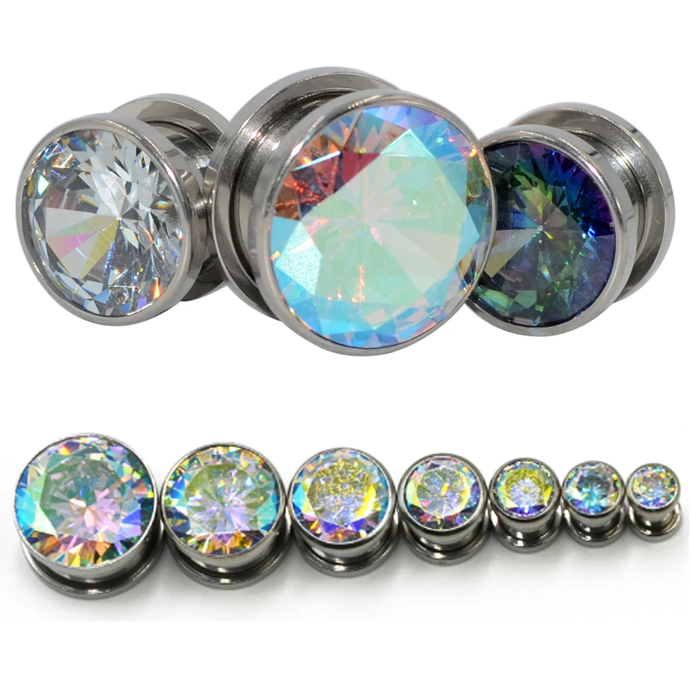 PAIR Stainless Steel  Zircon Crystal Ear Plugs Tunnels Gauges Screw Fit  Grind Arenaceous Piercing Expander Strecther Earring