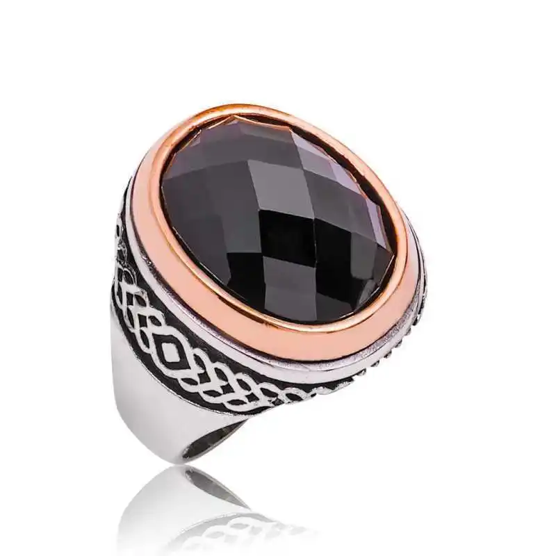 Silver Black Cut Stone Men's Ring - 925 Sterling Men's Jewelry Wedding Birthday Gift - Box - Men - Fashion - Botiva - Size - Turkish - Patterned Embroidery