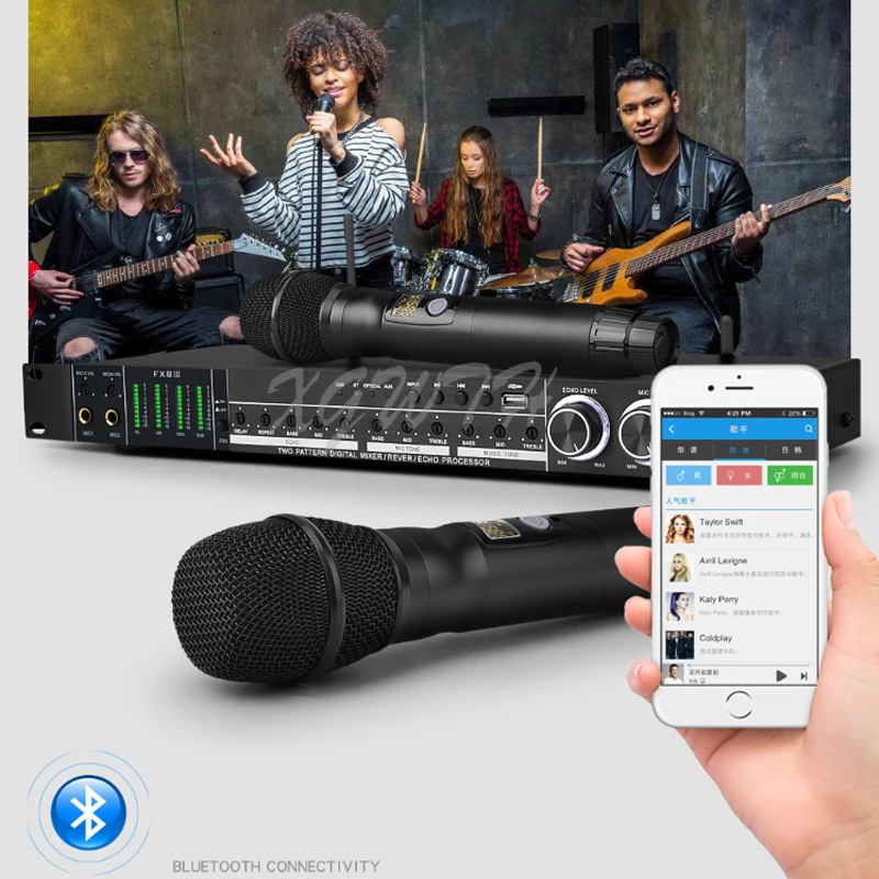 2 Wireless Microphone Pre Effects Anti-howling Reverb USB Bluetooth Audio Equipment Cardioid Karaoke Dynamic Mic Effector System