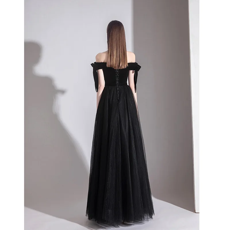 Charming Black Boat Neck Party Wear Dresses For Women Bow Sleeves Prom Gowns Lace Up Back  Robe De Soriee Vestido elegante