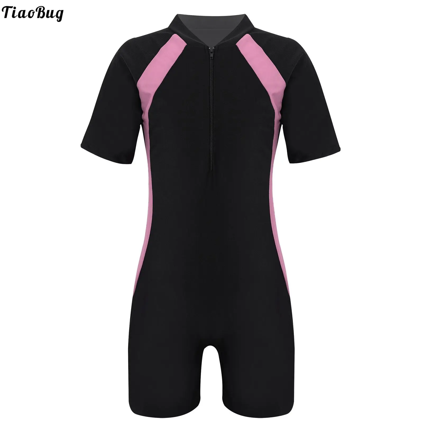 TiaoBug Summer Kids Girls Boys One-Piece Swimwear Stand Collar Short Sleeves Patchwork Swimming Bathing Short Jumpsuit Bodysuit