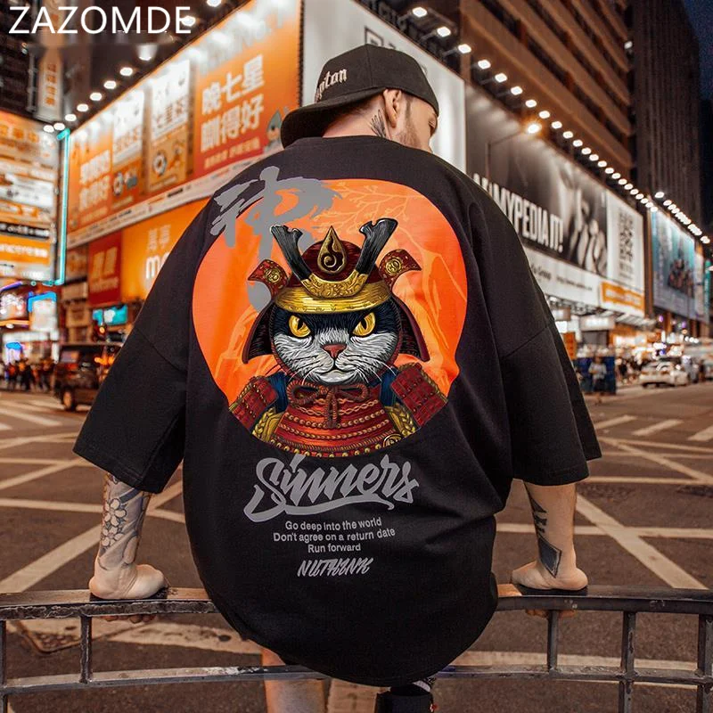 ZAZOMDE Cotton Cool Oversized T Shirt High Street Hip Hop T-shirt Men Summer Blouse Casual Loose Cat Print Tshirt Streetwear Men