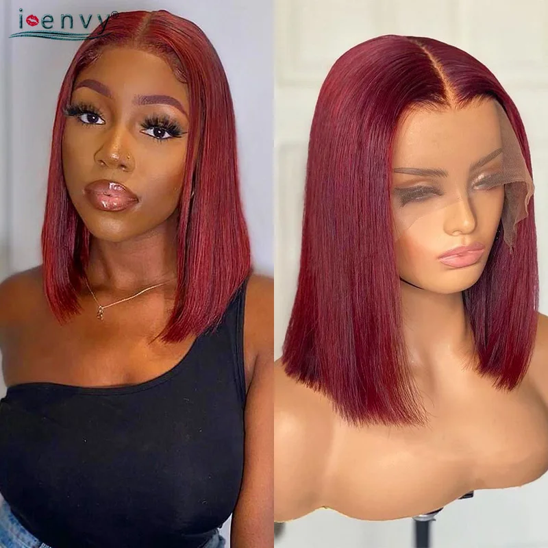 

Burgundy Red Bob Wig Lace Front Human Hair Wigs 99J Peruvian Straight Short Bob Wigs Transparent T Part Lace Wigs Ginger Blonde