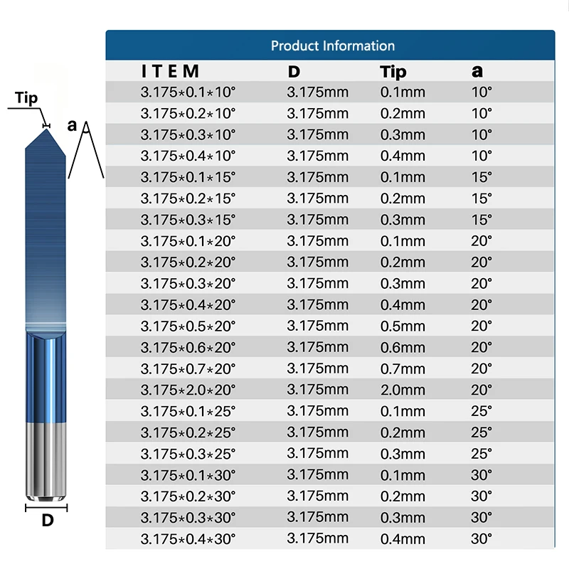 Broca de grabado PCB de 3.175mm, 0,1-0,5mm, en forma de V, cortador de fresado 3D, recubrimiento Nano azul, brocas de grabado de fondo plano, broca