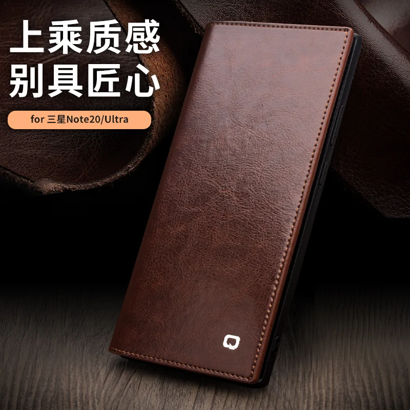 Qialino Brand Genuine Leather Vintage Business Flip Cover Mobile Bag Real Cow Skin Case For Samsung Galaxy Note20 Note 20 Ultra