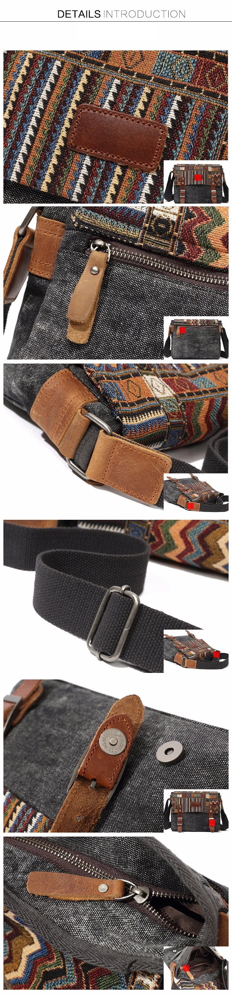 High Quality Waxed Canvas Shoulder Bag National Style Crossbody Bag Young Men Patchwork Color Flap Sling Bag