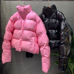 Winter Women Bright PU Pink Puffer Jacket Thick Bubble Coat Zipper Glossy Leather Down Parka Outerwear Stand Collar Loose Jacket