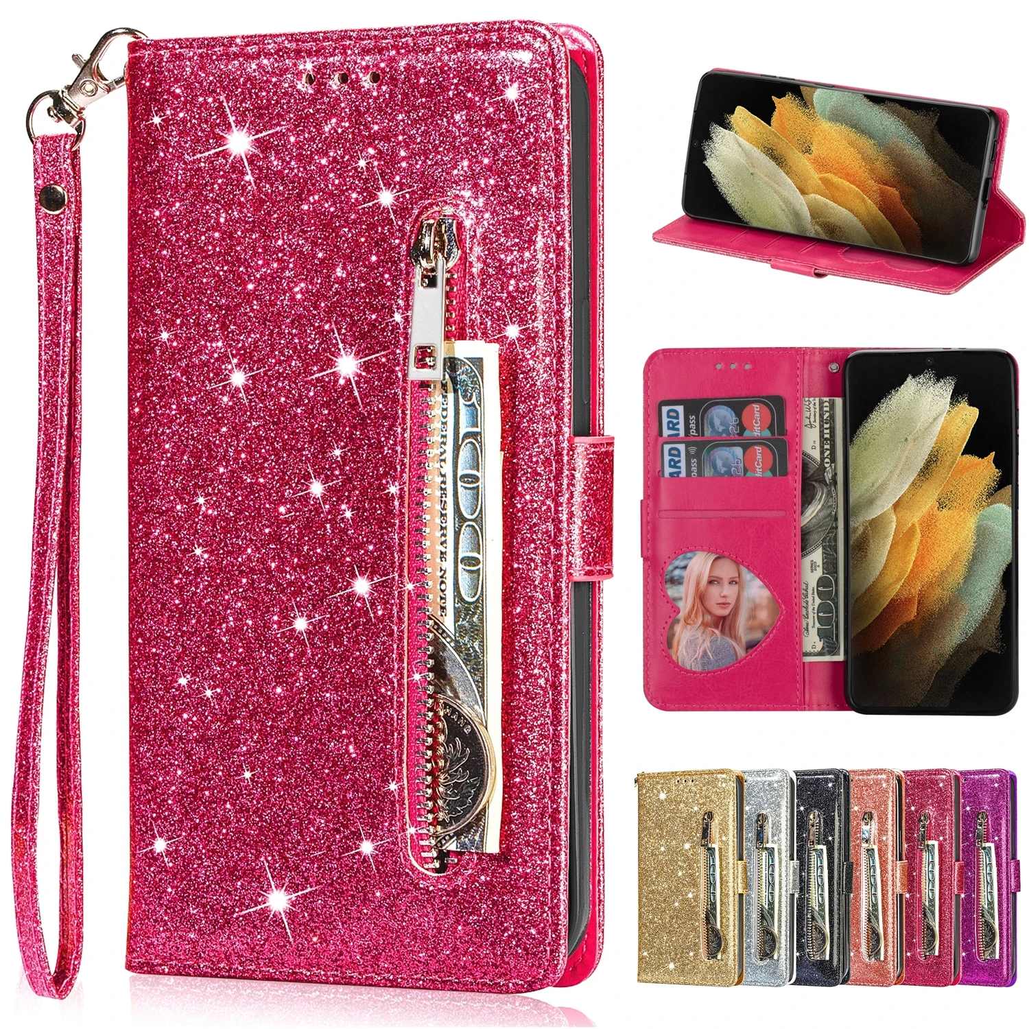 Zipper Glitter Leather Case for XiaoMi Mi 13T 12T 11T 10T 11 Lite Poco F5 X5 X4 X3 GT F3 F4 M4 Pro M5S C55 C40 Flip Phone Wallet