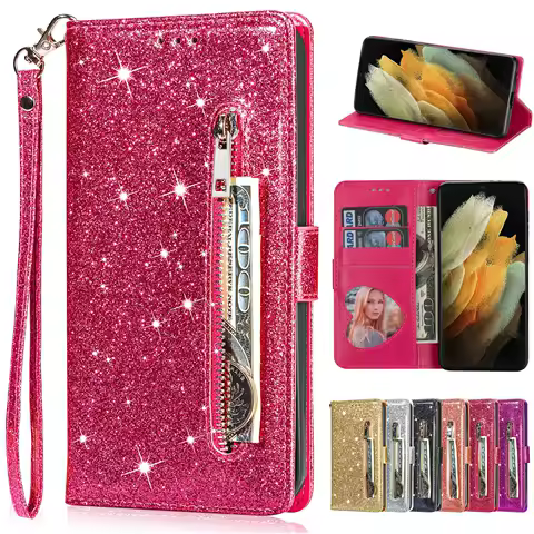 Zipper Glitter Leather Case for XiaoMi Mi 13T 12T 11T 10T 11 Lite Poco F5 X5 X4 X3 GT F3 F4 M4 Pro M5S C55 C40 Flip Phone Wallet