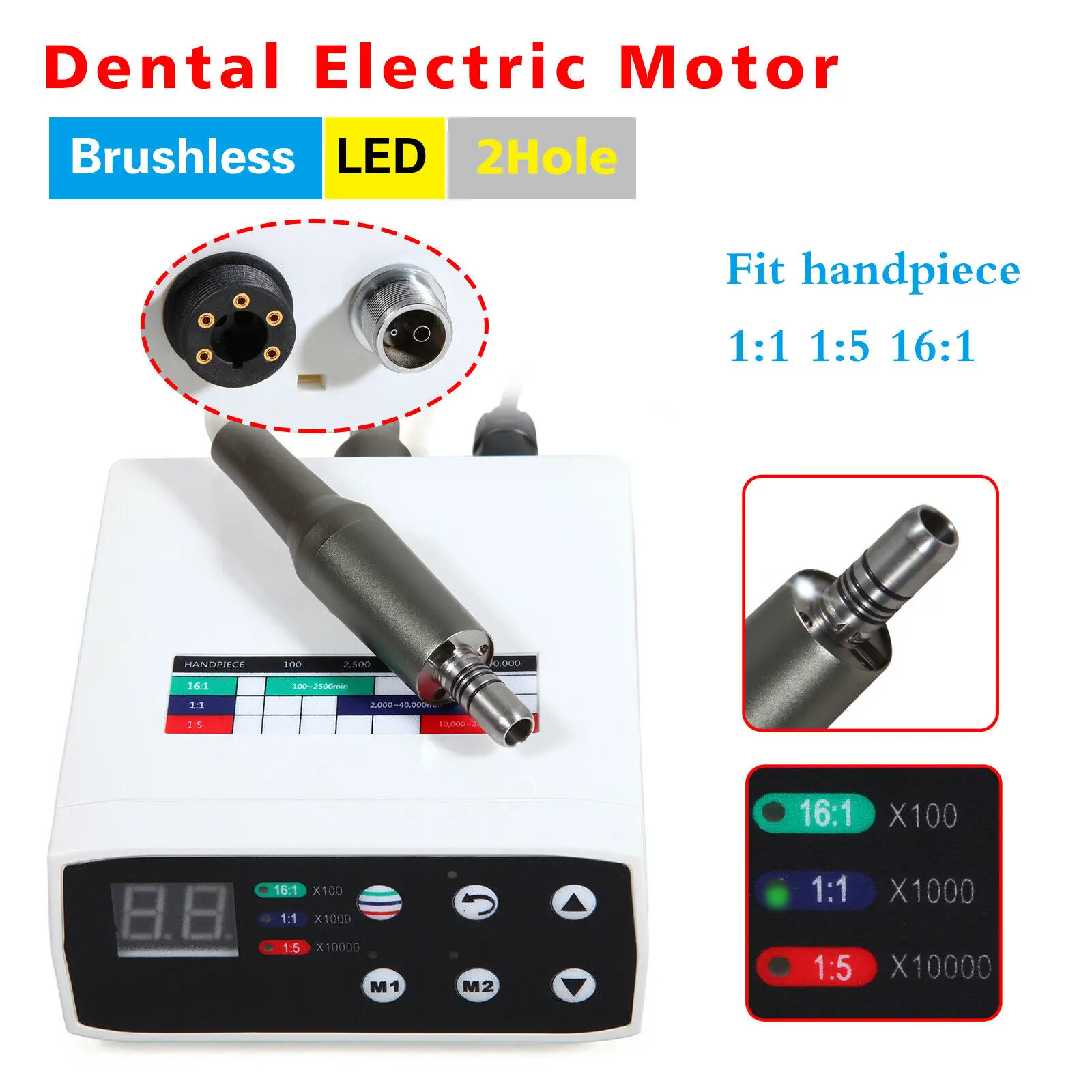 NSK Style Dental Brushless LED Internal Spray Electric Motor Fit 1:1/16:1/1:5 Handpiece 2 Hole