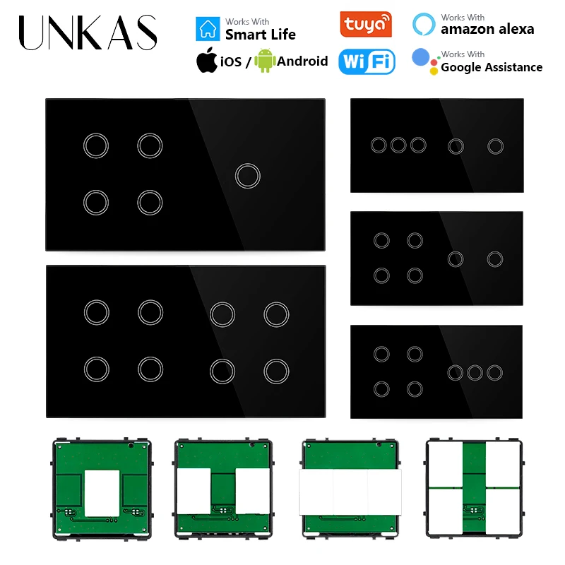 Moduli UNKAS combinazione gratuita fai-da-te 2 3 4 5 6 7 8 Gang abbinamento ue Wifi Touch On/Off Smart Switch vetro nero 157mm presa pannello