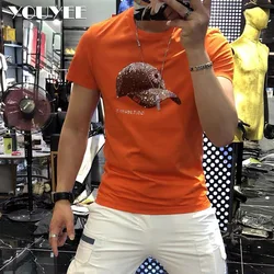 Men T-shirt Summer Rhinestones Pattern Short Sleeve Fashion Man Streetwear Hot Drill Casual Multiple Colors Plus Size 4xl Top