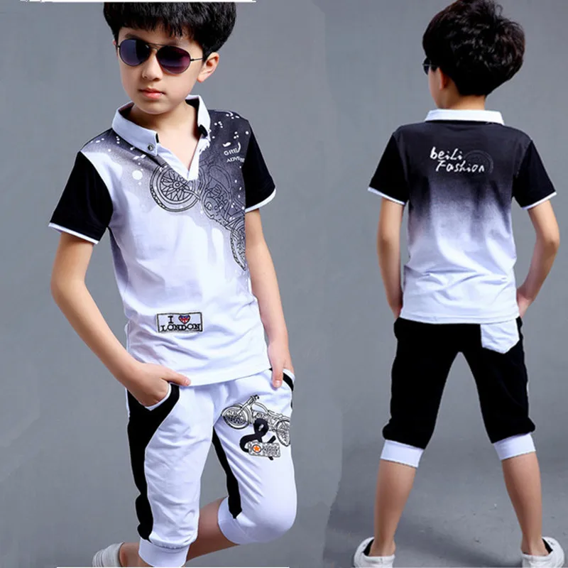 5-16T Boy Fashion Casual Sport Suit Clothing Set Motorcycle Print Short Sleeve Knitted Children Teens Clothes 2023 Summer New