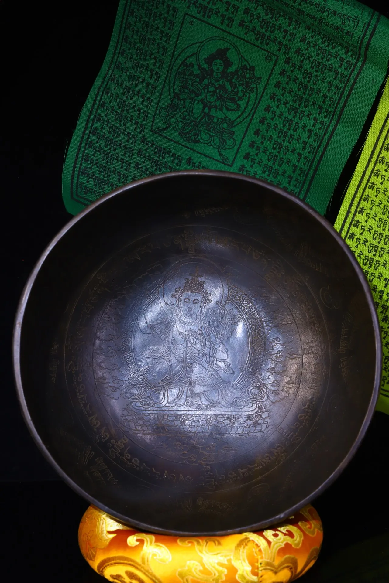 

9"Tibetan Temple Collection Old Bronze Green Tara Bodhisattva Buddhist music bowl Turning bowl Buddhist artifact Chanting