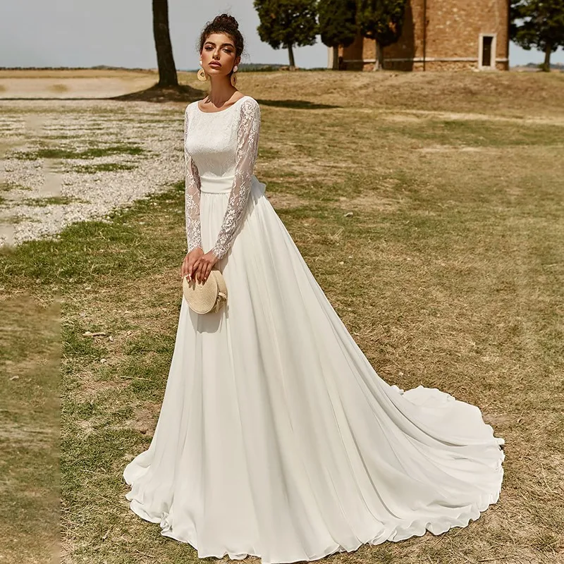 Nowe suknie ślubne Backless Beach 2021 Scoop pełne koronkowe rękawy linia suknia ślubna z kokardą Boho Vestidos De Mariage