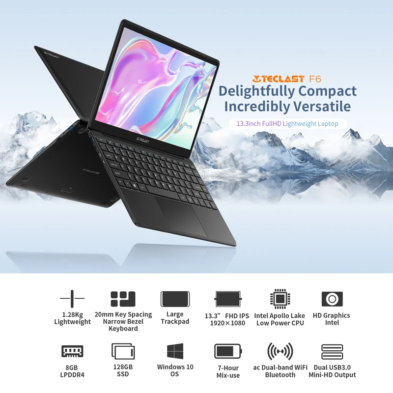 Teclast F6s 노트북 인텔 아폴로 레이크 N3350 Windows10 쿼드 코어 LPDDR4 8GB RAM 128GB SSD 13.3 인치 노트북 PC 1920*1080 Ips