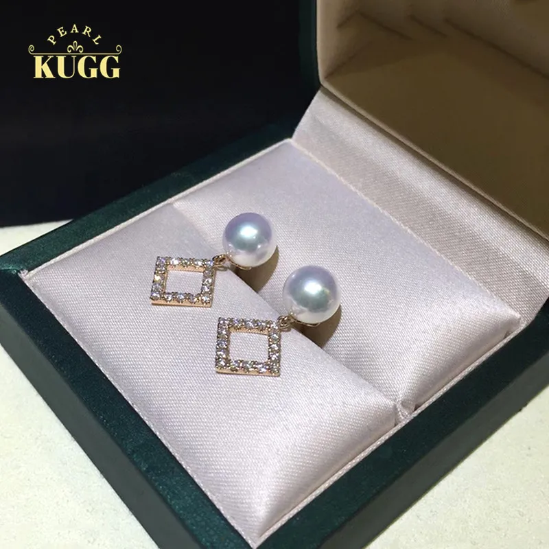 

KUGG PEARL 18K Rose Gold Earrings 7.5-8mm AAAAA Natural Akoya White Pearl Diamond Earrings Handmade Jewelry for Women