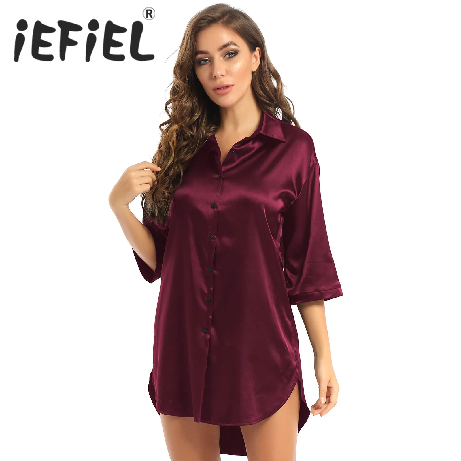 Women Satin 3/4 Sleeve Nightshirt Sleepwear Shirt Nightgown Solid Color Sleepshirt Nightdress Sleepwear Female Ladies Pyjamas