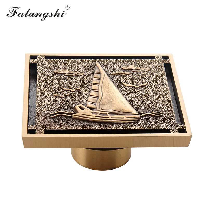 Copper Brass Floor Drains 10cm Square Flower Art Carved Toilet Drain Cover Invisible Anti-Odor Drain Strainer WB9004