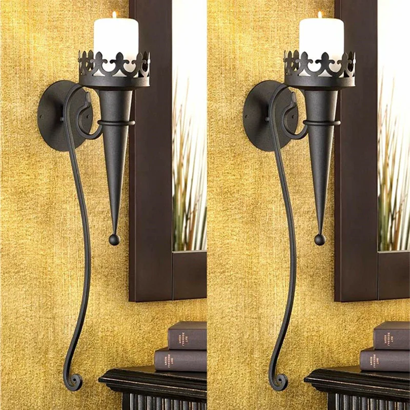 2 PCS Medieval Vintage Iron Gothic Torch Style Black Pillar Candle Holder Wall Pillar Home Decorative Wall Decoration