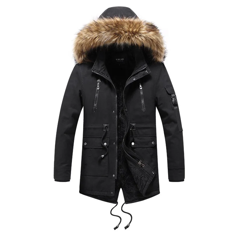 Chaqueta Parkas de invierno para hombre, abrigo largo con capucha y cuello de piel, rompevientos grueso de terciopelo, prendas de vestir, forro de lana cálido