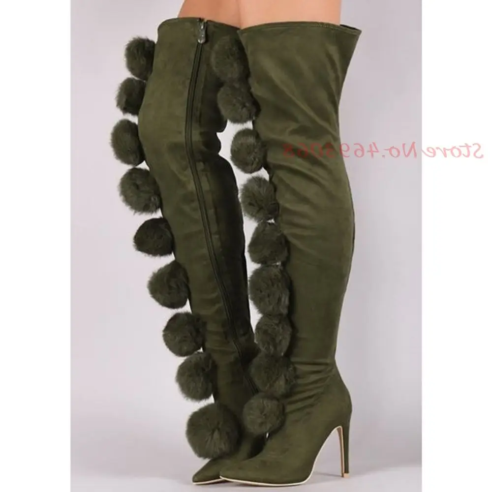 Pompom Suede Over Knee Boots Women Green Funky Thin Heel Side Zipper Women Stretch Pointed Toe Modern Silver Thigh High Boots