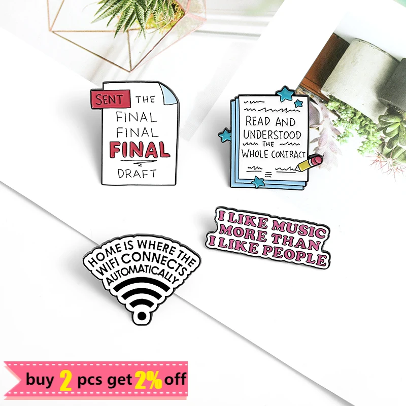 Funny Quote Enamel Pins Book Post-it WiFi Brooches Backpacks Lapel Pin Badges Cartoon Metal Jewelry Gifts for Friends Wholesale