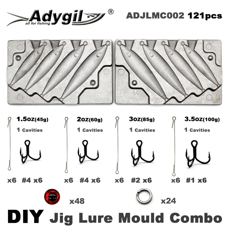 

Adygil DIY Fishing 121pcs Jig Lure Mould Combo 45g 60g 80g 100g 4 Cavities