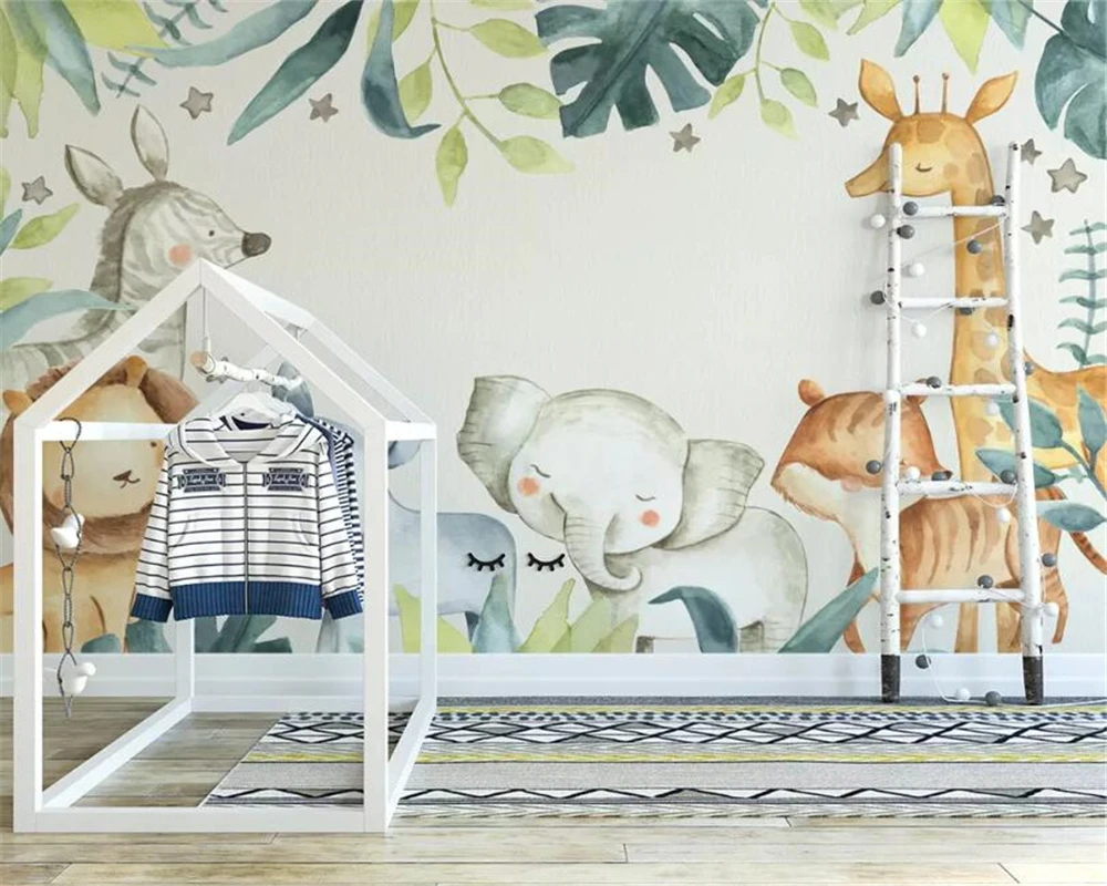 

Custom wallpaper modern cartoon Animal elephant lion giraffe watercolor plant Children's room background decoration 3d wallpaper