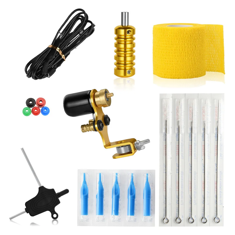 Kit De máquina De tatuaje Rotativa dorada, kit De tatuaje, máquinas De tatuaje rotativas, cable De Clip Profesional, agujas De tatuaje con agarre