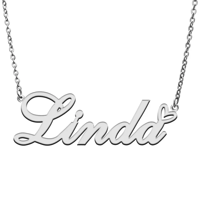 Linda Name with Love Heart Necklace for Women Stainless Steel Jewelry Nameplate Pendant Femme Mother Child Girls Gift