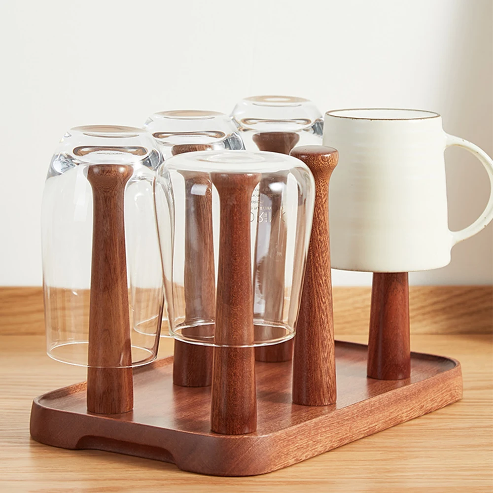 

1pc Wooden Cup Drain Rack Kitchen Teacup Holder Organizer Solid Wood Drying Shelf Coffee Mug Display Household Stand Drainer