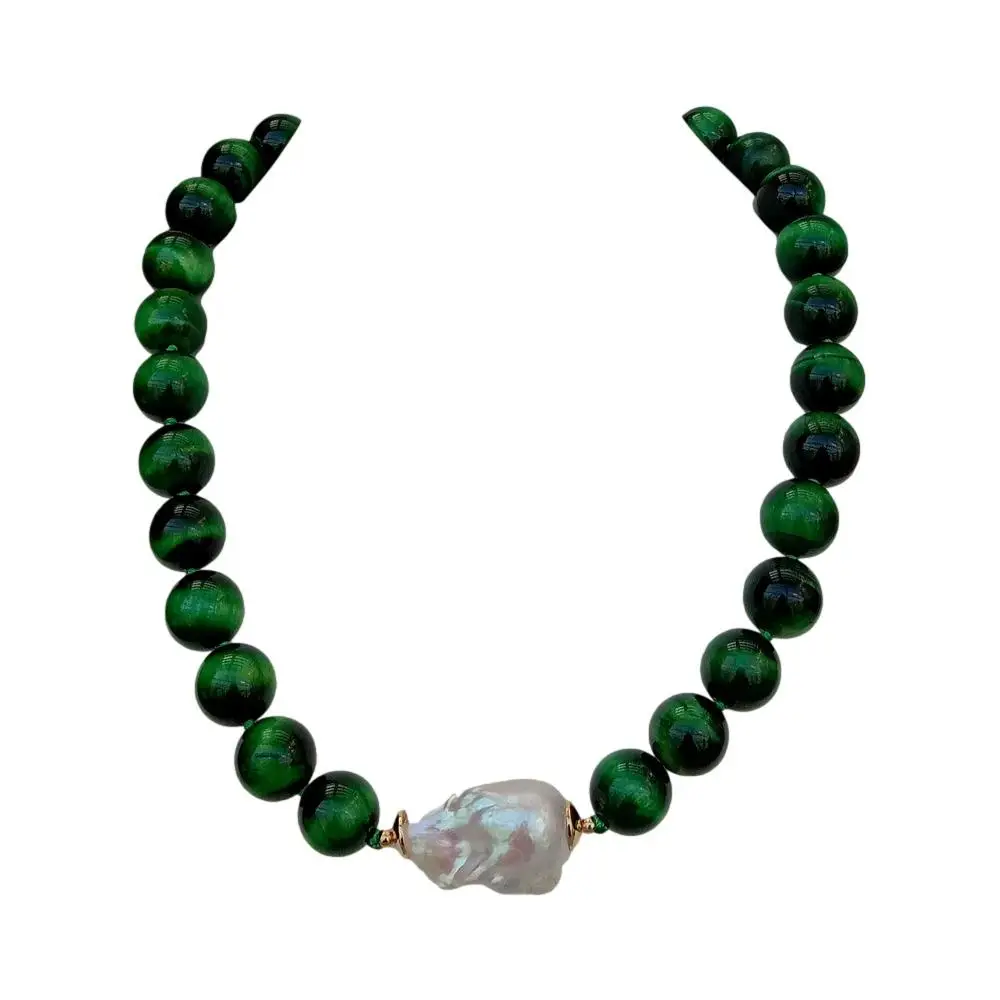 

Y·YING 14mm Round Green Tiger Eye Cultured White Keshi Pearl Necklace 18.5"