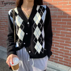 Irregular Argyle Cardigan Women Design Button Sexy Slim Cropped Sweaters Streetwear Retro All-match Knitted Chic Outwear Teens