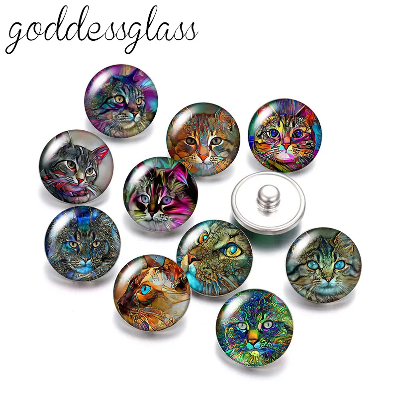 Fashion Colorful artistic Animals Cat 10pcs Round 12mm/18mm snap buttons for 12mm/18mm snap necklace DIY findings jewelry