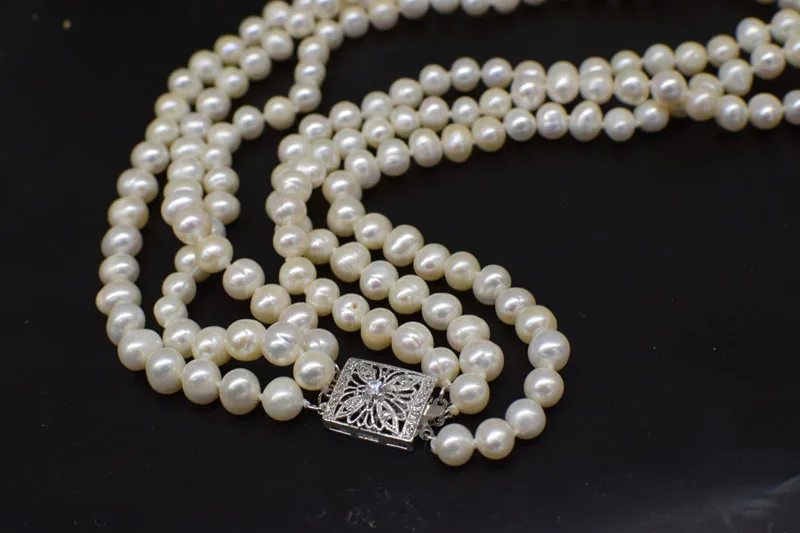 WOW! 3rows  freshwater pearl white near round 7-8mm  necklace 19-21inch nature  wholesale FPPJ