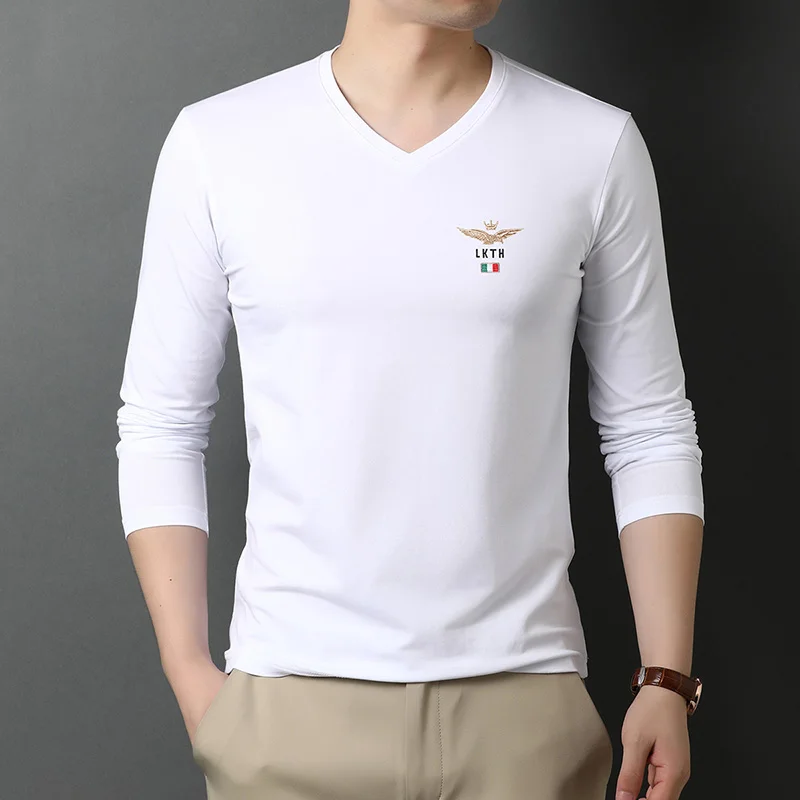 Top Quality New Fashion Brand Plain 95% Cotton 5% Spandex V Neck Long Sleeve t Shirt Men Cotton Black Casual Men Clothes 2023