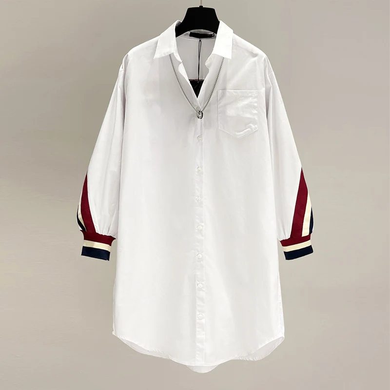 White White Shirt Women Long Sleeve Casual Stripe Patchwork Wear Female Loose Blouses Single Breasted With Pocket Tops