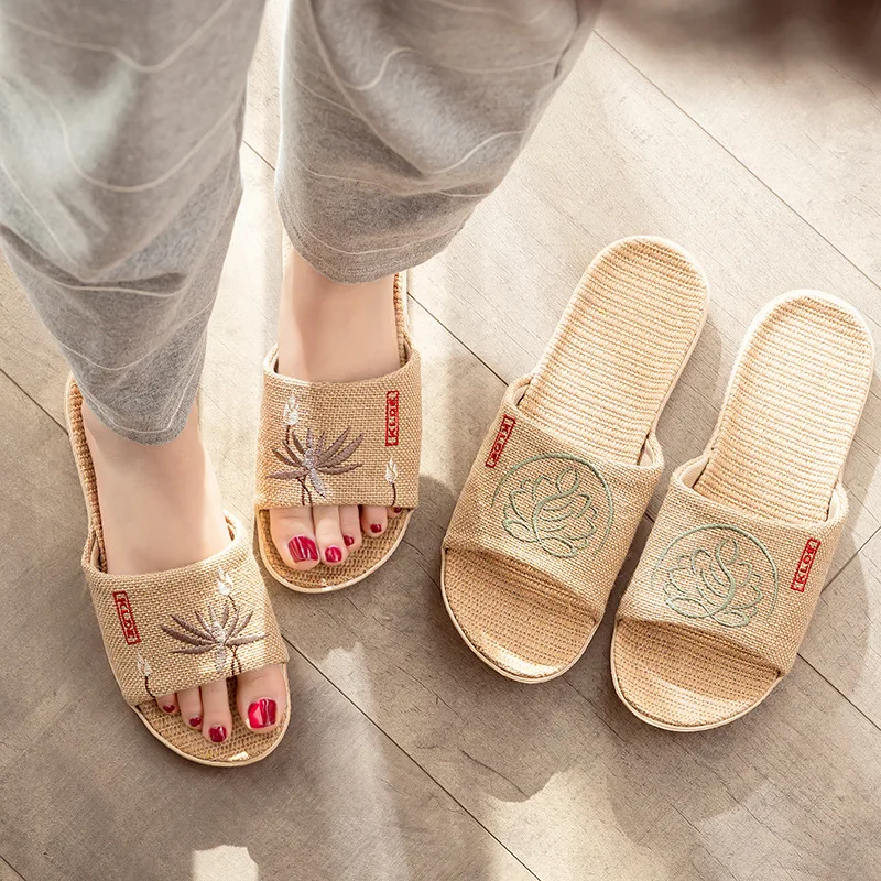 Glglge Women Print Floral Indoor Home Slippers Flower Soft Slippers Sandals Couple Flip Flops Female Linen Slides Slippers Shoes