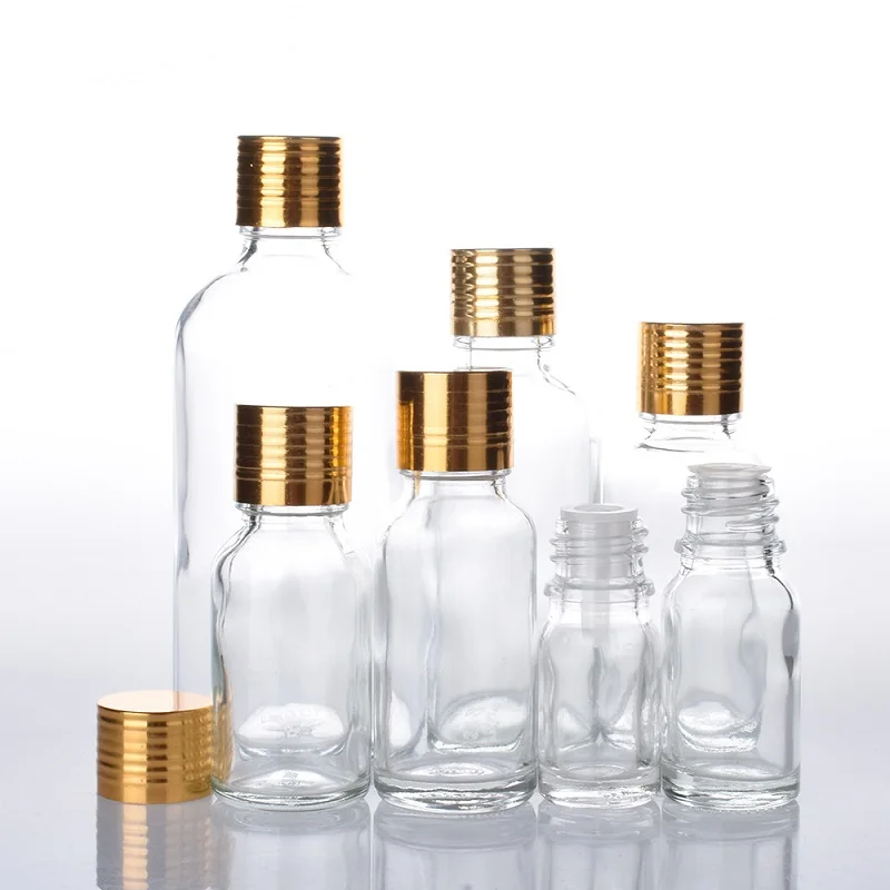 Essential Oil Plug Bottle Clear Glass Liquid Aromatherapy Gold Screw Lid Travel 5~100ml 15pcs Refillable Essential Oil Packaging