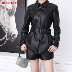 Genuine Leather Clothing Women Simple Wide Belt Long-sleeved Slim-fit Sheepskin Jacket Female Short Sleeve Locomotive Punk Coat