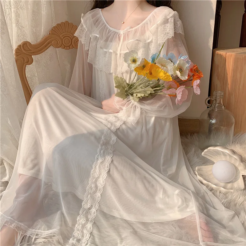 Women Lolita Dress Princess Sleepwear White Lace Mesh Fairy Night Dress Victorian Vintage Nightgown Kawaii Nightdress Loungewear