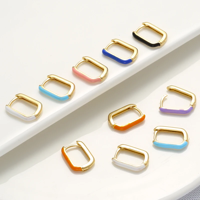 ZHUKOU NEW Enamel Geometric Rectangle hoop Earrings gold color small hoop earrings for women Fashion jewelry wholesale VE427