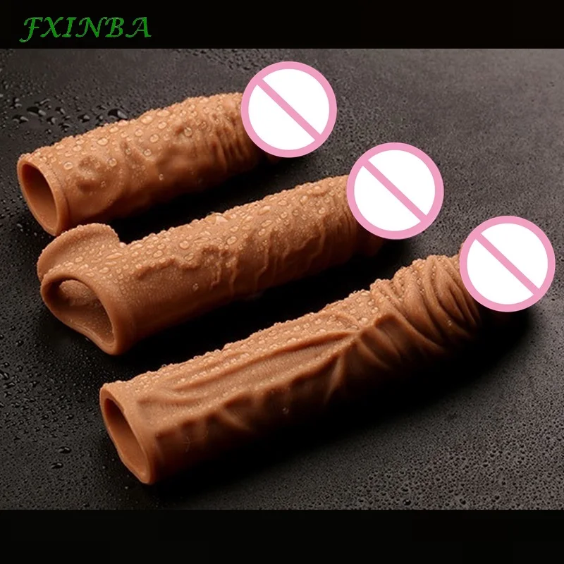 FXINBA Realistic Silicone Penis Extender Sleeve Delay Ejaculation Reusable Condoms Sex Toys For Men Cock Sleeve (Privacy Box)