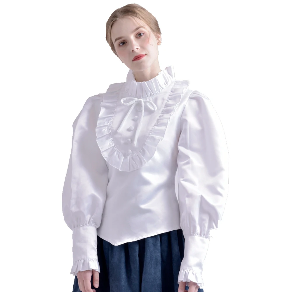 Victorian Blouse Women Vintage Royal Princess Renaissance Medieval Long Sleeve White/Black Ruffled Jabot Lolita Shirt