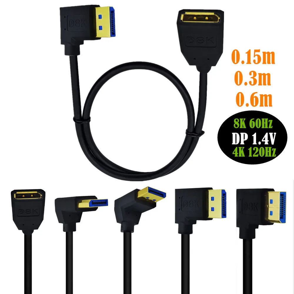 DisplayPort 1.4 Version 8K 60hz Male to Female 90 Degree Up & Down & Left & Right Angled Extension Cable Display Port extender