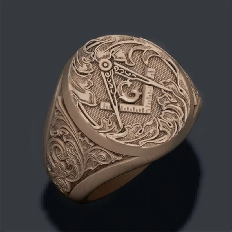 New Retro Letter Ag Freemason Pattern Ring Men\'s Ring Fashion Metal Golden Freemason Ring Accessories Party Jewelry Size 7-12