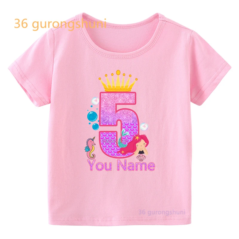 Tshirt Girl 3 4 5 6 8 year Mermaid Cartoon T Shirt Happy Birthday Girls Tops Kids Clothes Shirts children Clothing Pink T-shirts