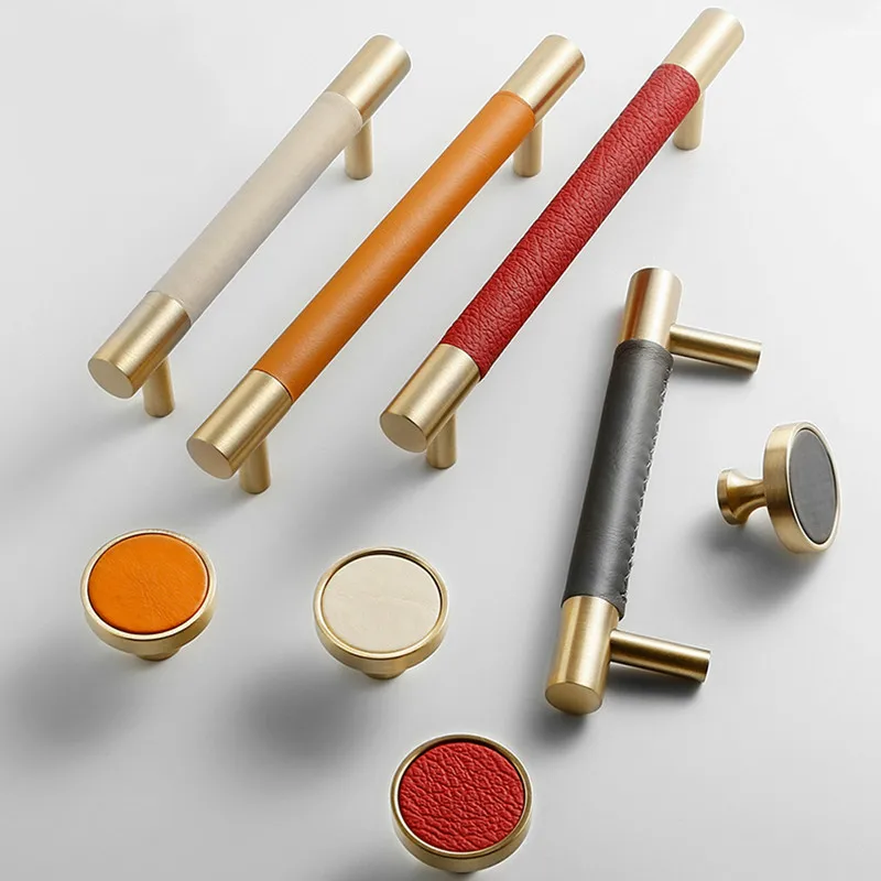 

Leather+brass Orange Handles and knob Drawer Cabinet Knobs Kitchen Door Handle Cupboard Wardrobe Pull Handles Furniture Fittings